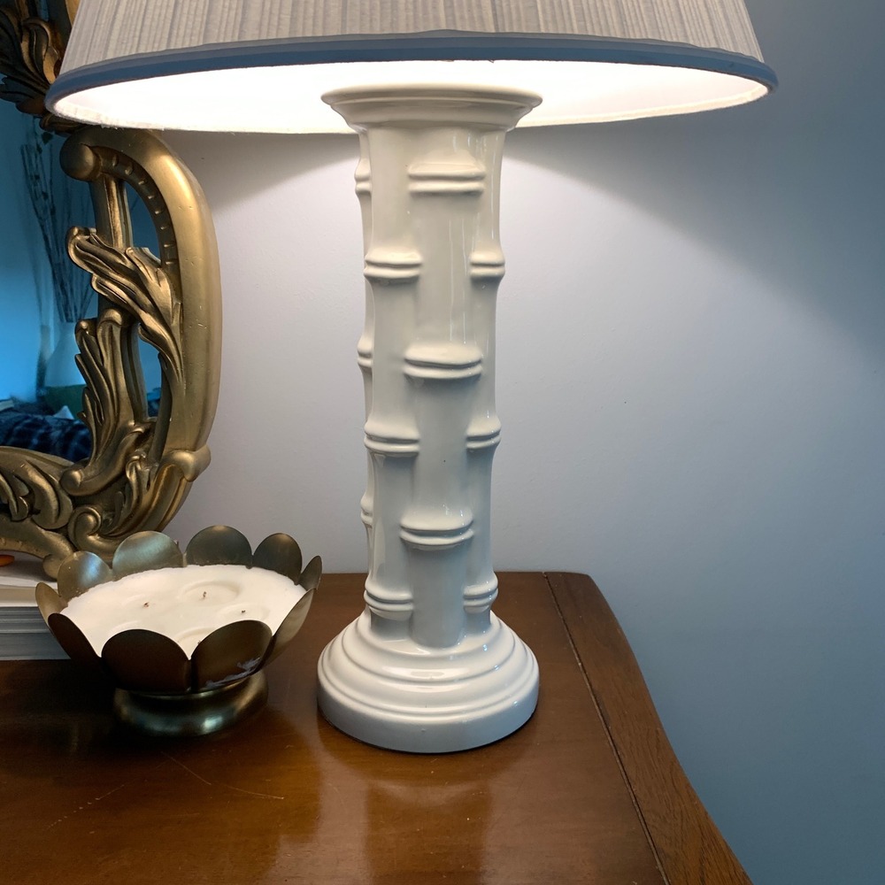 Vintage Bamboo Ceramic Table Lamp White Hollywood Regency - Picture 3 of 11